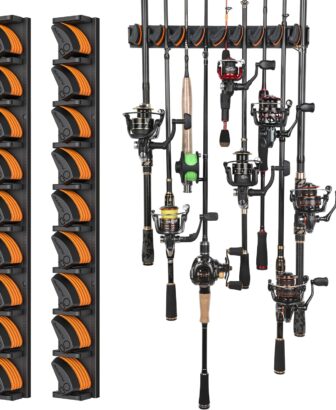 PLUSINNO V9 Vertical Fishing Rod Holders, 2 Packs Wall Mounted Fishing Pole Holders, Fishing Rod Racks Hold Up to 18 Rods or Combos, Fishing Pole Holders for Garage, Fishing Gear and Gifts for Men