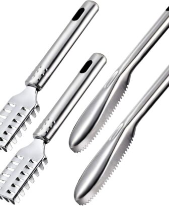 4 Piece Fish Scaler Remover Brush Set - Stainless Steel Sawtooth Scarper With Ergonomic Handle for Kitchen - Faster and Easier Scales Skin Removing Peeling Tool